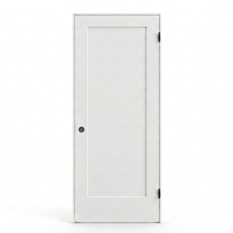 1 Panel Shaker solid core door and frame kit shown assembled: door hung in a primed 4-5/8 inch jamb. Kit ships flat packed.
