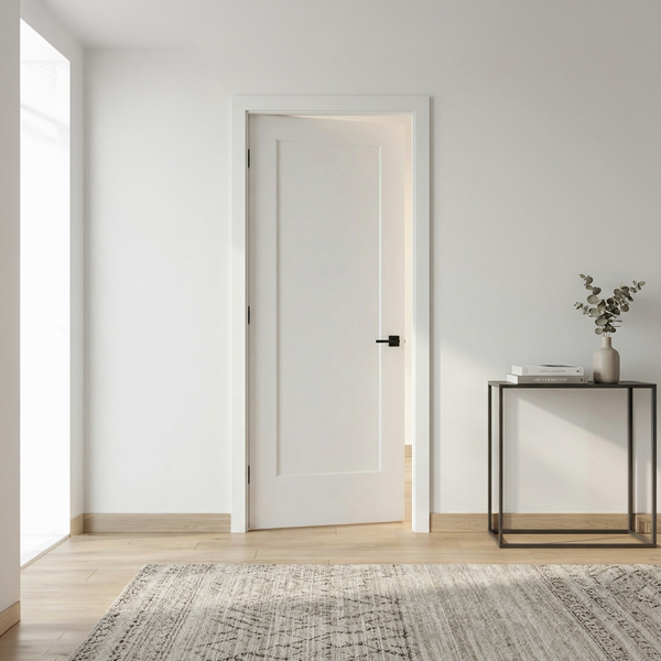 Finished white interior door with a black lever handle installed in a doorway