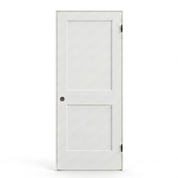 Door and frame kit shown assembled: door hung in a primed 4-5/8 inch jamb, 2 hinges. Kit ships flat packed.