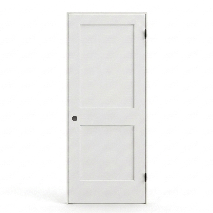 Door and frame kit shown assembled: door hung in a primed 4-5/8 inch jamb, 2 hinges. Kit ships flat packed.