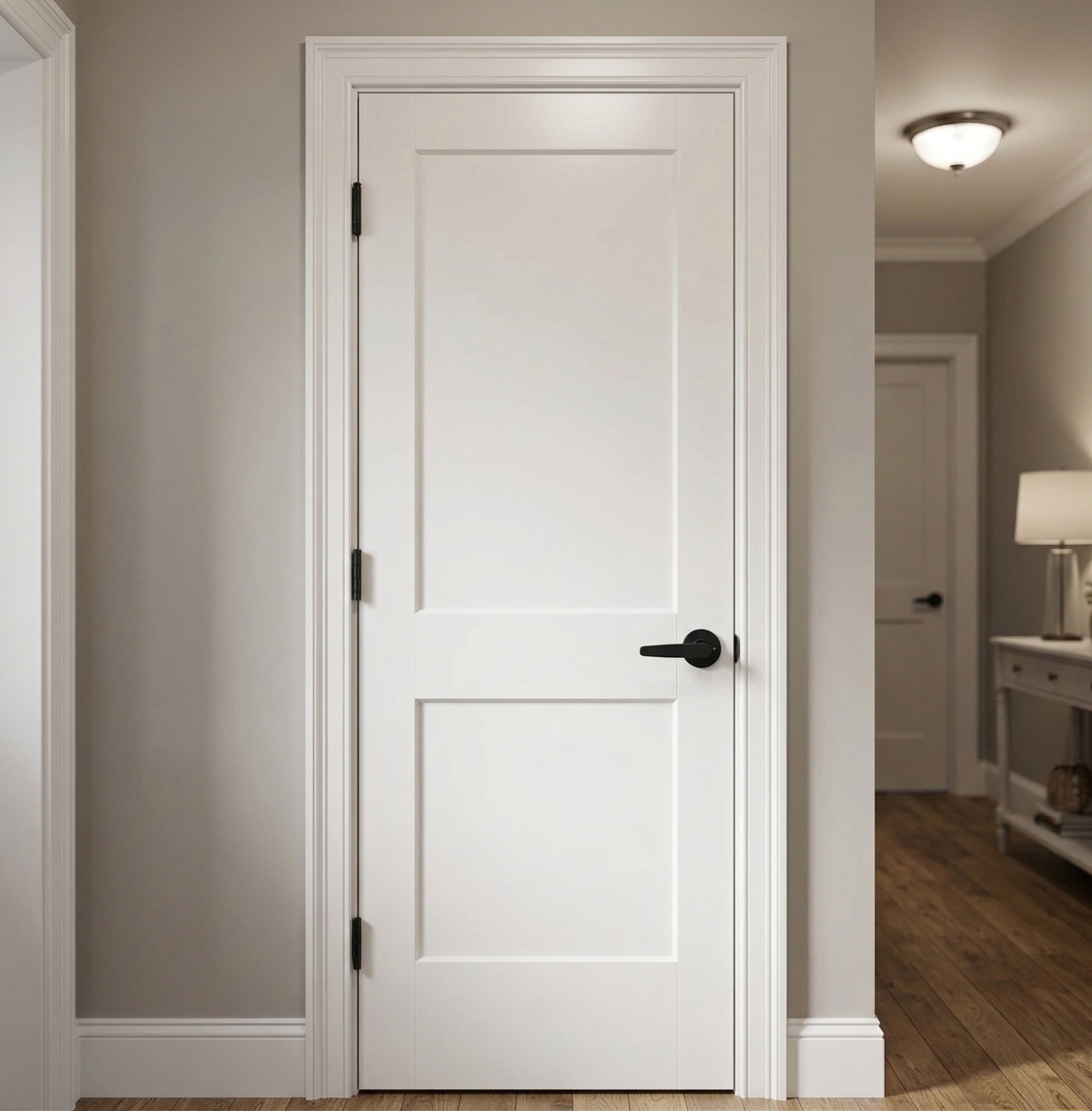 2 Panel Flat hollow core interior door shown installed in a doorway