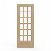 Unfinished white oak French door, clear glass panes three across above the solid wood panel across the bottom.