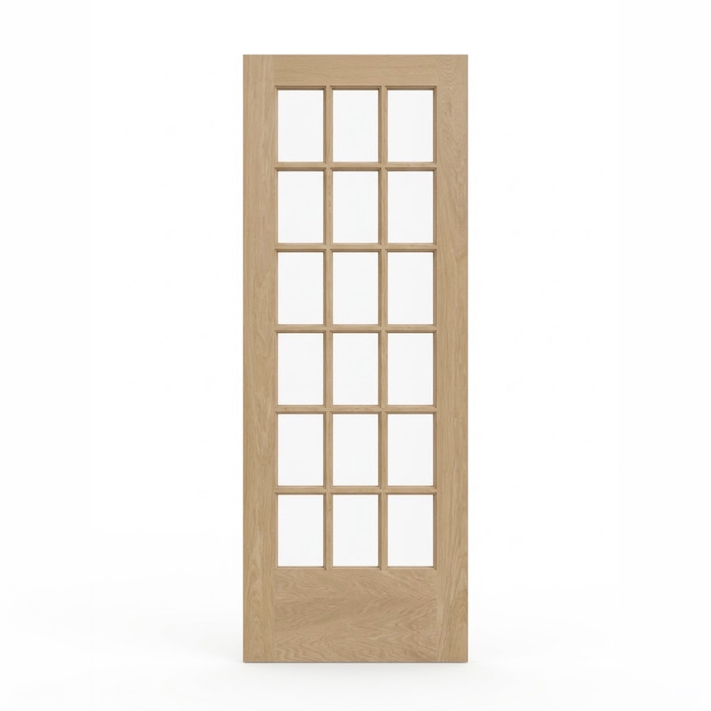 Unfinished white oak French door, clear glass panes three across above the solid wood panel across the bottom.