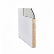 Cut-away view of the door edge, showing the white laminate glass panel set into the flat wood frame, with the door measuring 1-3/8 inches thick.