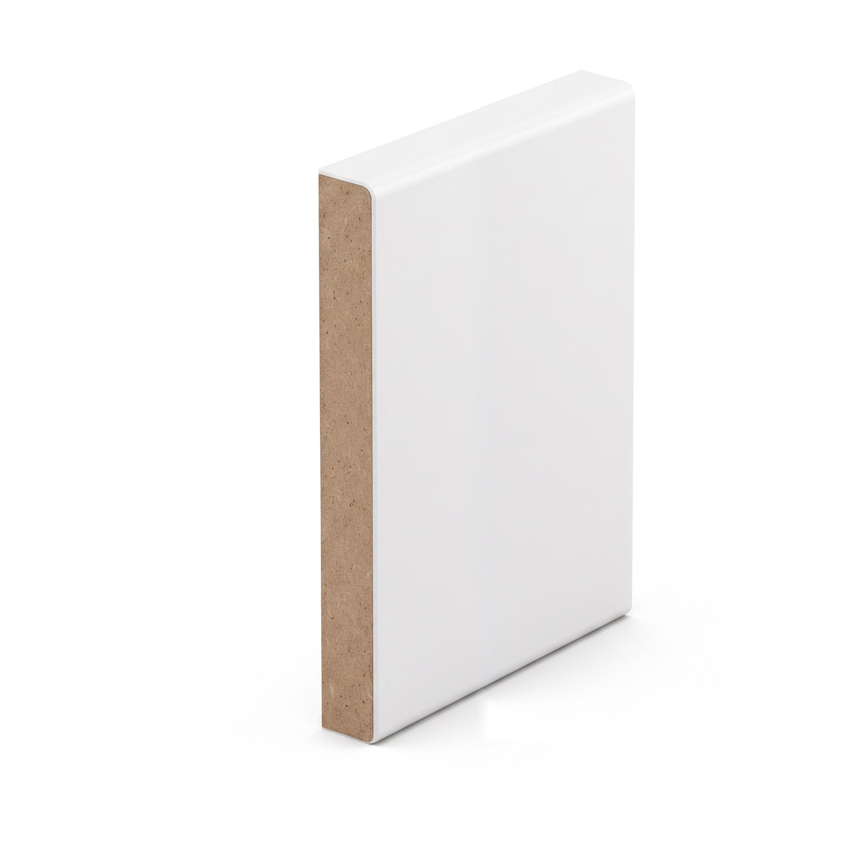 Drawing of a primed white MDF board standing on end, showing the smooth white face and the brown MDF core at the cut end.