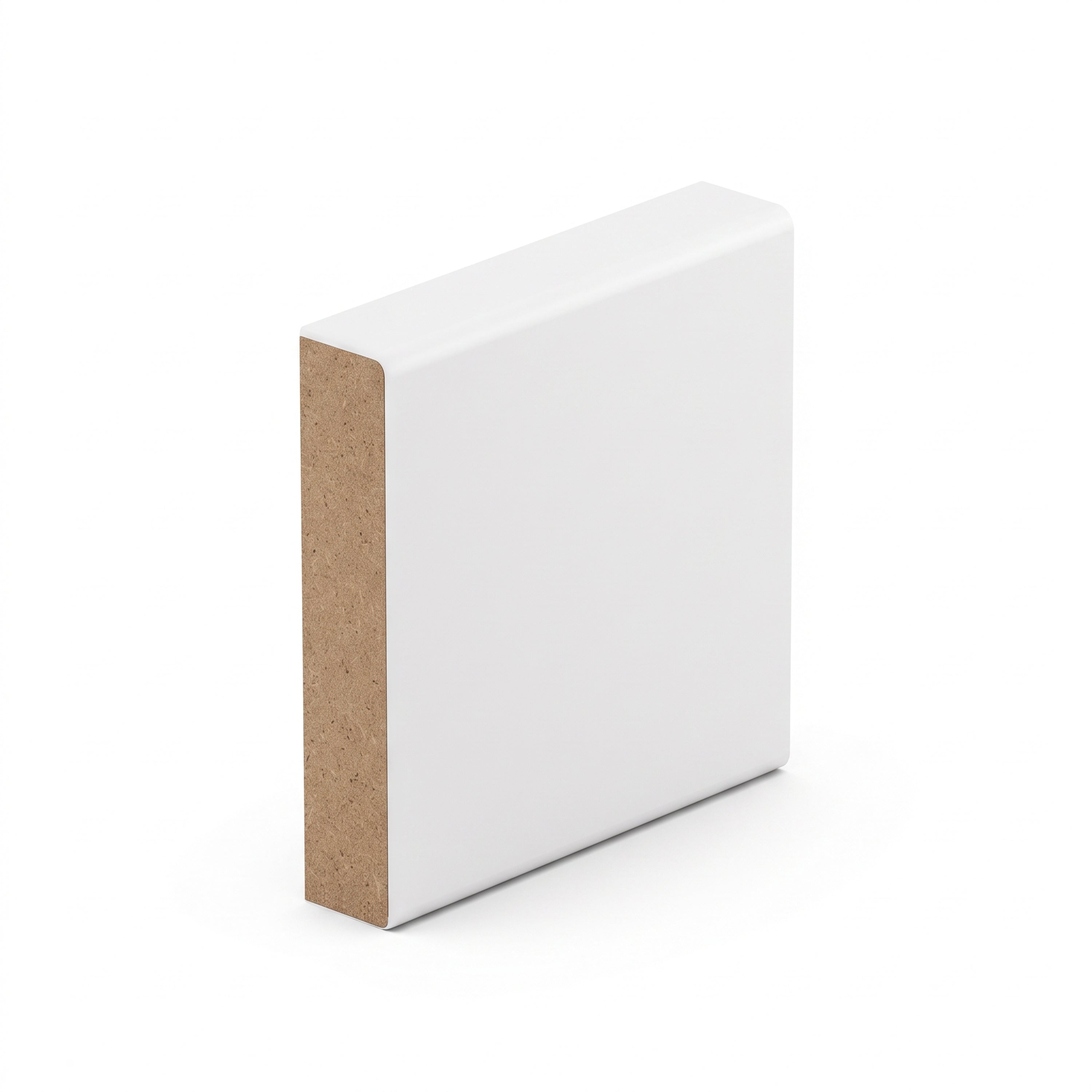 A short piece of primed white MDF flat trim on end, showing the smooth white face, softly rounded long edges and brown MDF core on the cut end.