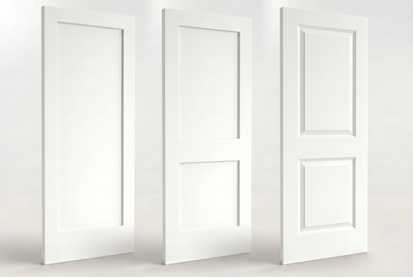 Three white interior door slabs: one-panel, two-panel Shaker and two-panel raised styles