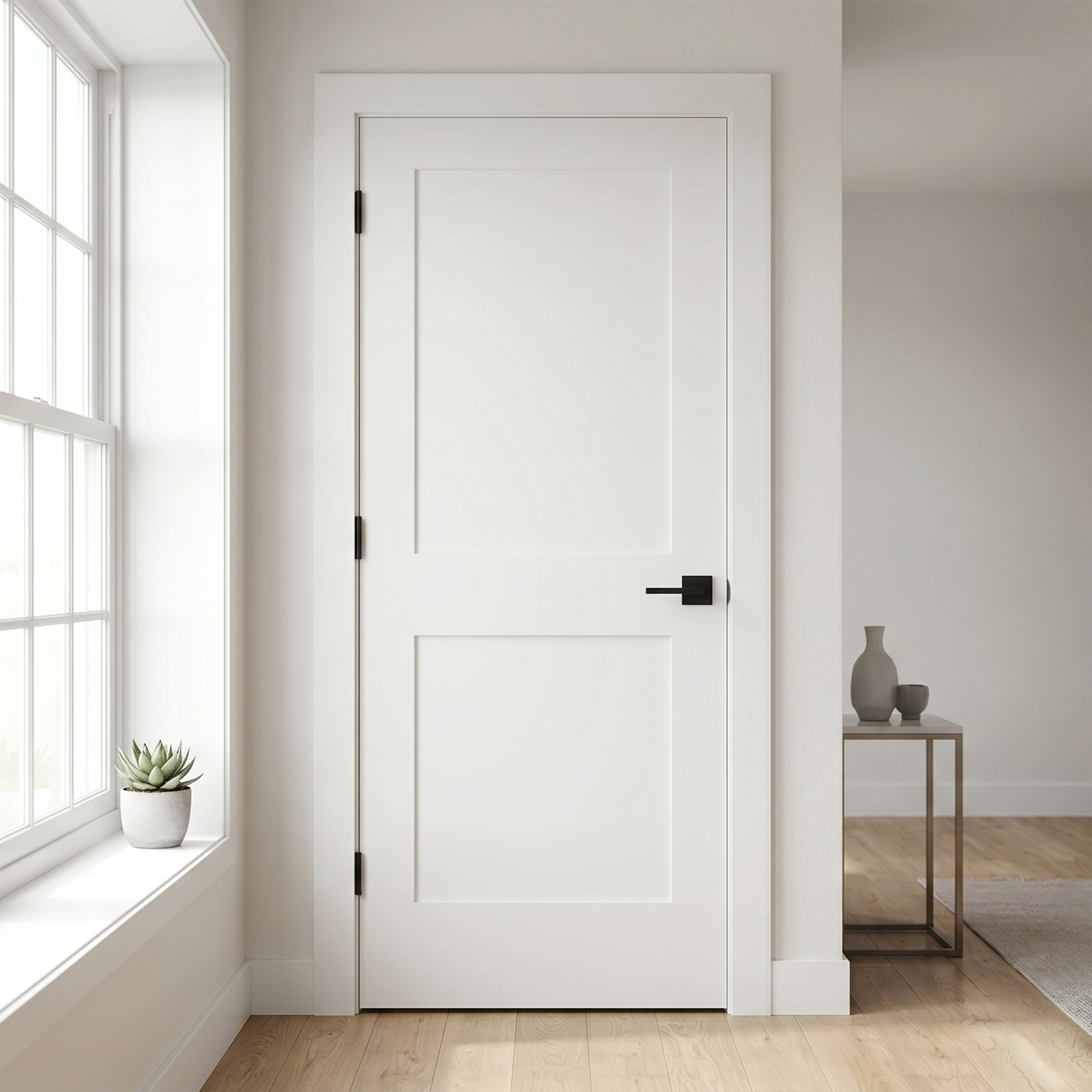 2 Panel Shaker solid core interior door shown installed in a doorway