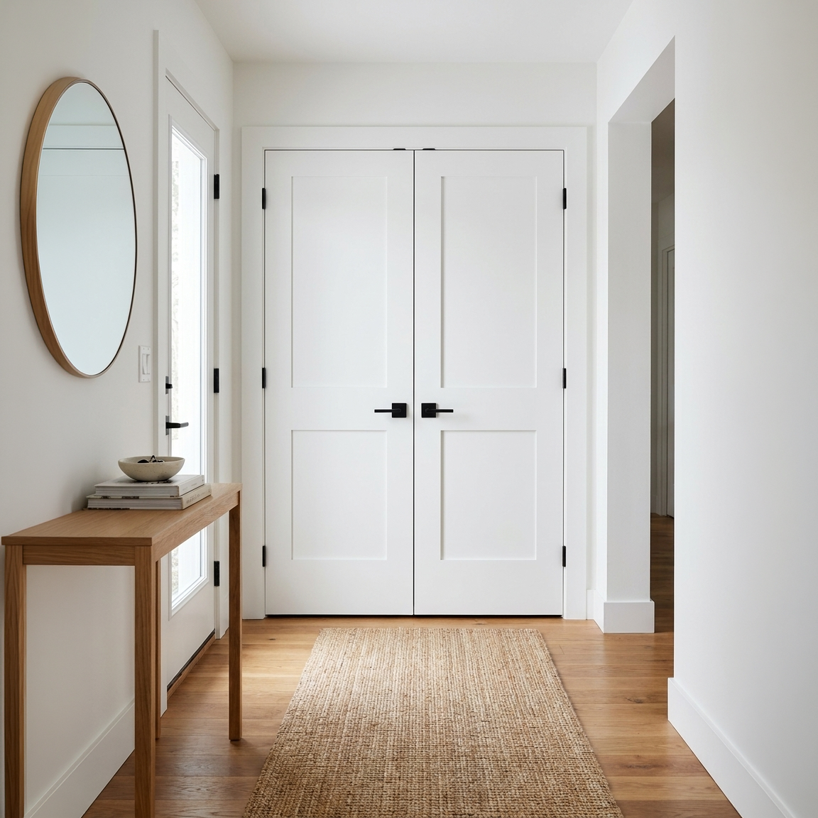 Pair of matching 2 Panel Shaker double doors on an entryway closet