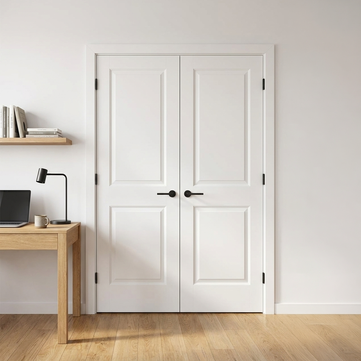 Pair of matching 2 Panel Smooth double doors on a home office closet
