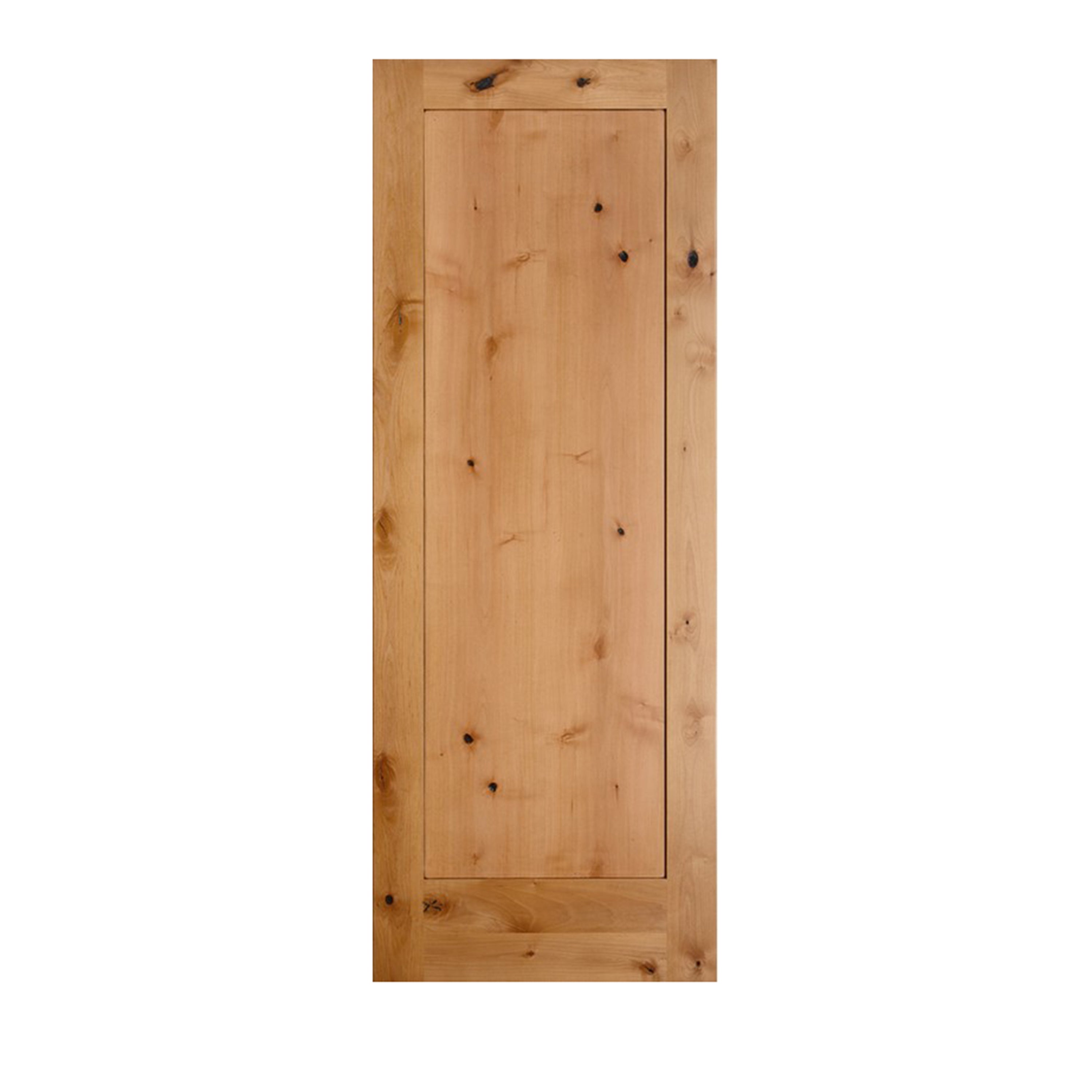 The 24x80 knotty alder 1 panel Shaker door on a white background, one flat recessed panel framed by flat square-edged borders, knots visible across the face.