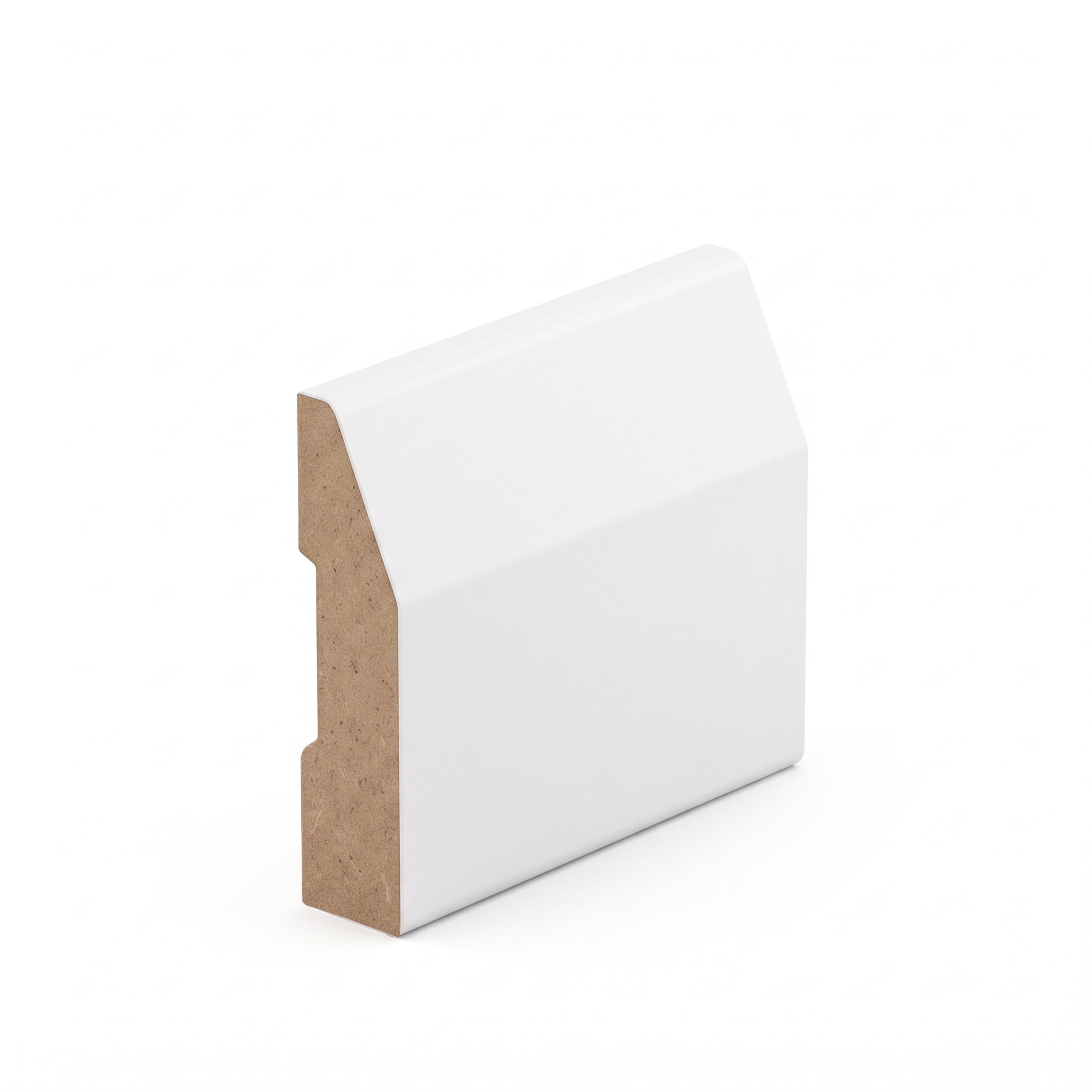 Primed white MDF Modern Farmhouse casing standing on end: flat white face with one long edge cut on a slope and the other square, and the brown MDF core showing at the cut end with two shallow grooves notched in the back edge.