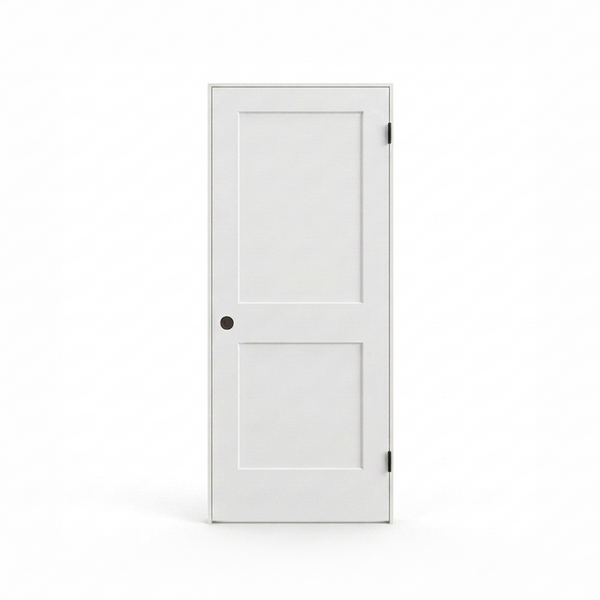 Door and frame kit: a 2 panel Shaker door shown hung in a primed jamb with black hinges